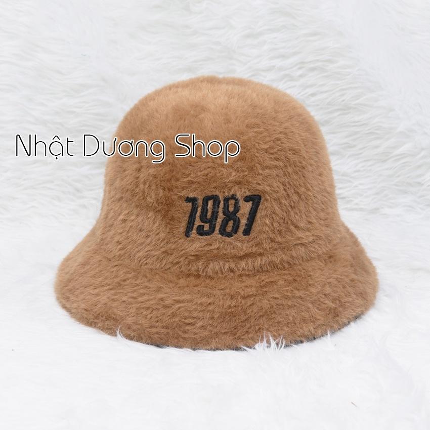 Nón Lông Thỏ Bucket Nữ Thời Trang Cao Câp, nón tai bèo vành cụp lông thỏ hàng quảng châu thêu số 1987