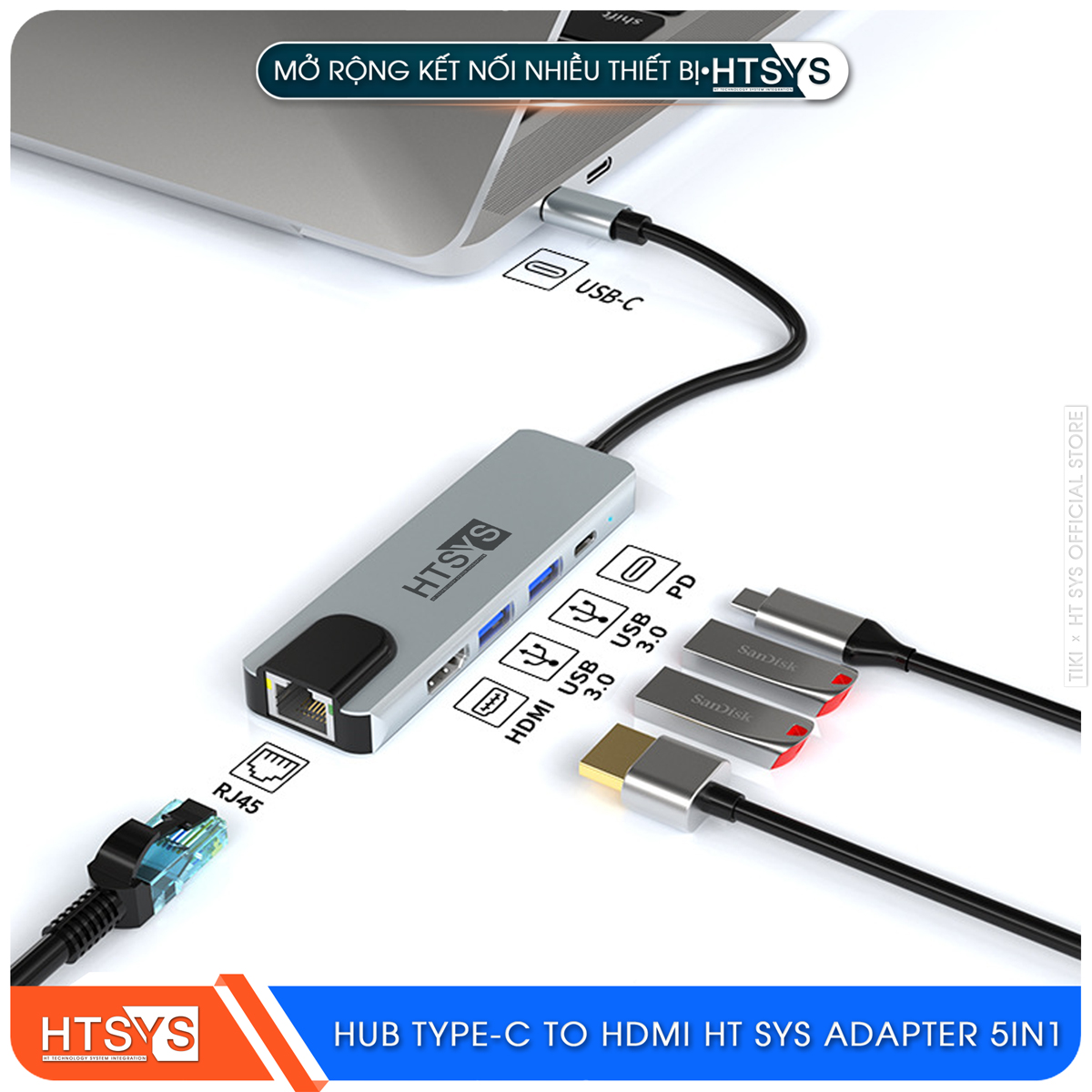 Hub Type C HT SYS 5 in 1 To HDMI, USB 3.0, Lan, PD 100W - Hàng Chính Hãng