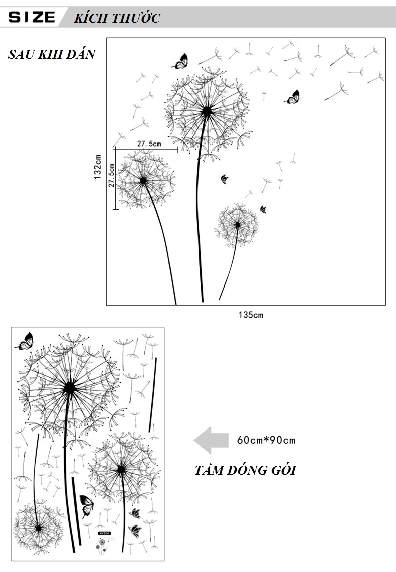 Decal dán tường Hoa bồ công anh đen 4 AmyShop DH101