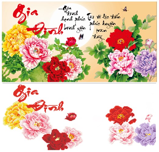 Tranh đính đá gia đình hoa mẫu đơn VS073 - 75 x 42 cm - chưa đính