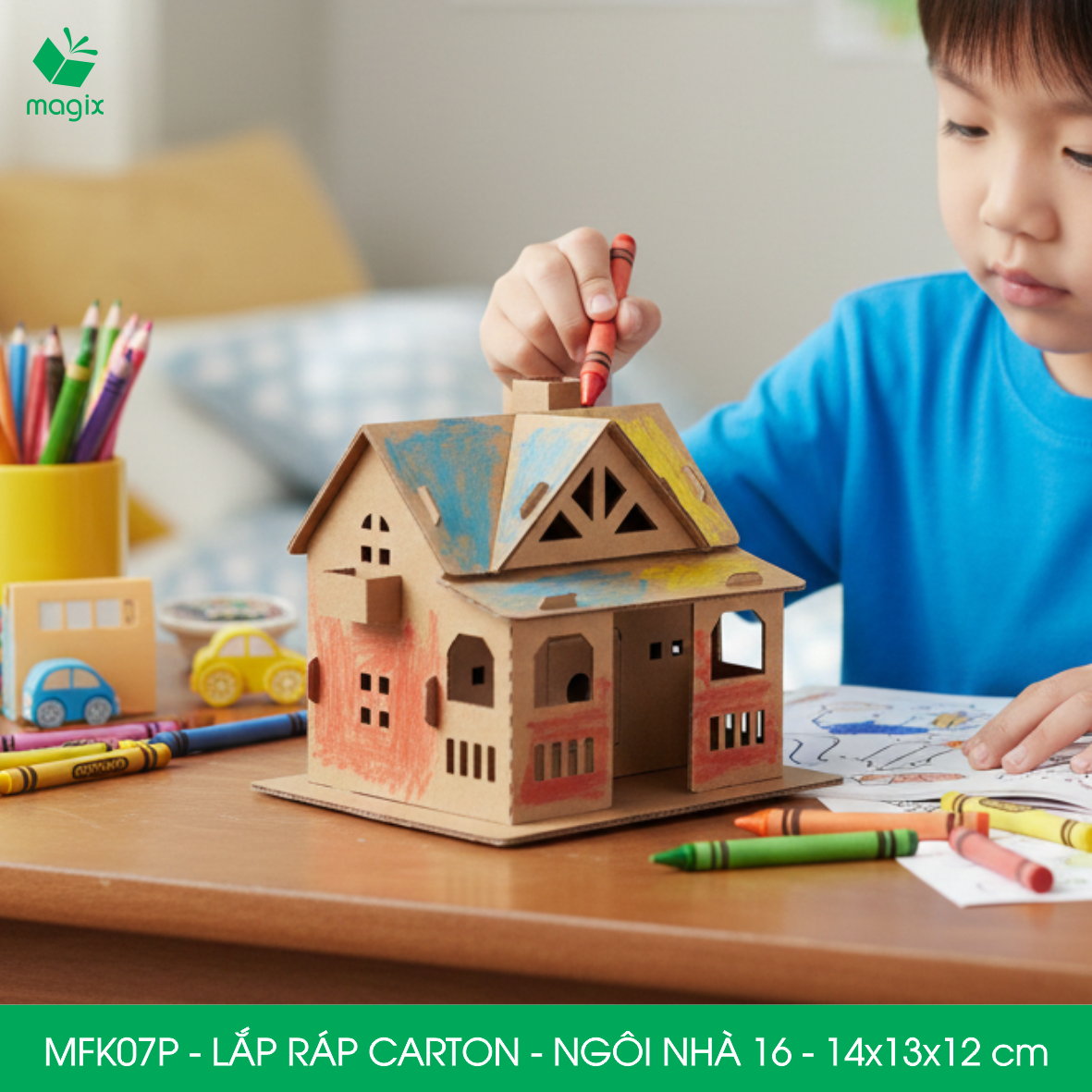 MFK07P -14x13x12 cm - Mô hình ngôi nhà lắp ráp từ bìa carton cao cấp, nhà giấy carton mini sáng tạo