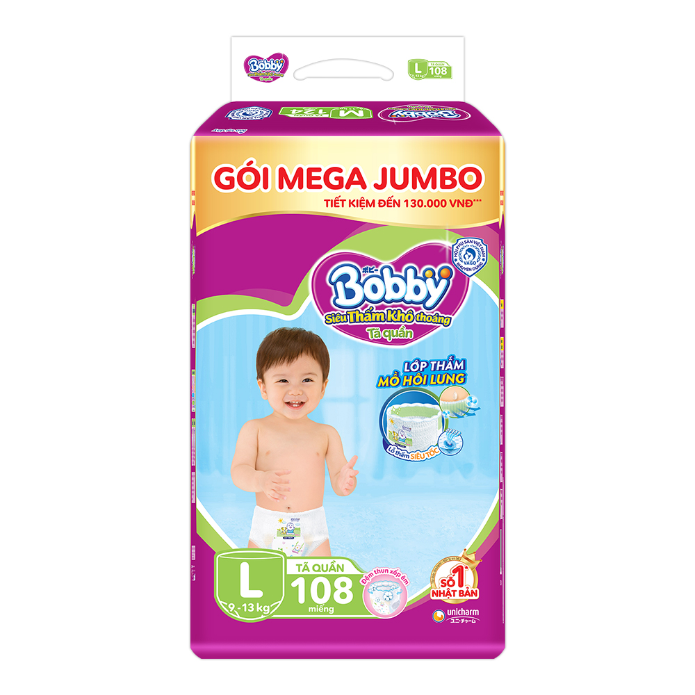 [Tặng thêm 8 miếng] Tã/bỉm quần Bobby 3mm Gạo non L96