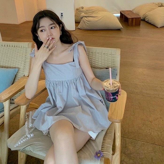 Sét áo 2 dây babydoll kẻ xanh và quần sooc siêu xinh