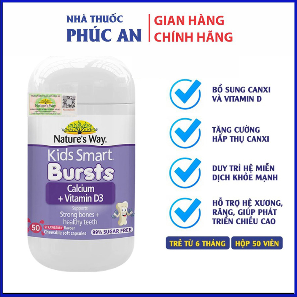 Viên nhai bổ sung canxi cho bé Nature’s Way Kids Smart Calcium + Vitamin D3 50 viên giúp xương răng chắc khoẻ