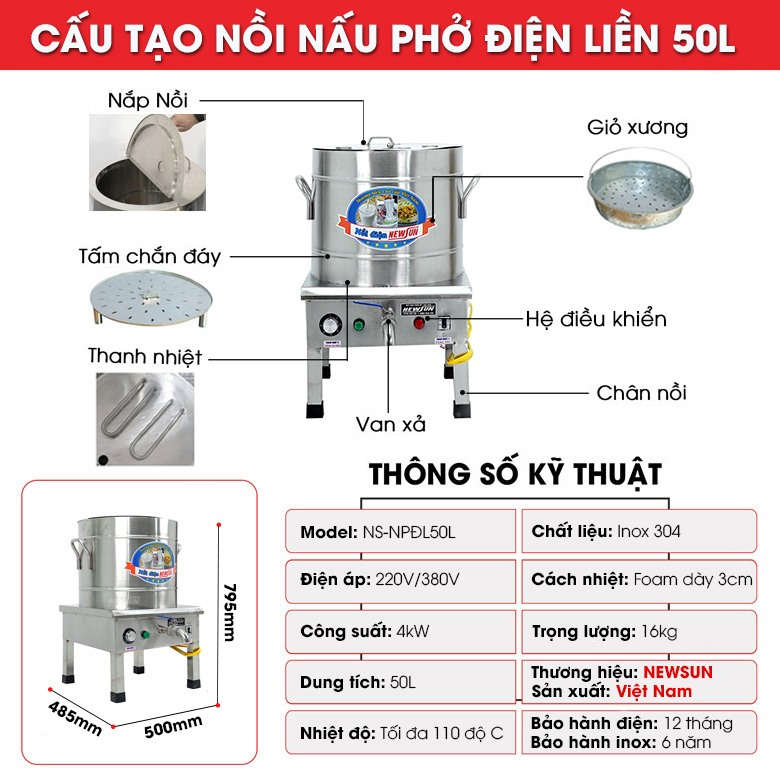 Nồi Nấu Phở Điện Liền Nồi NEWSUN 50L