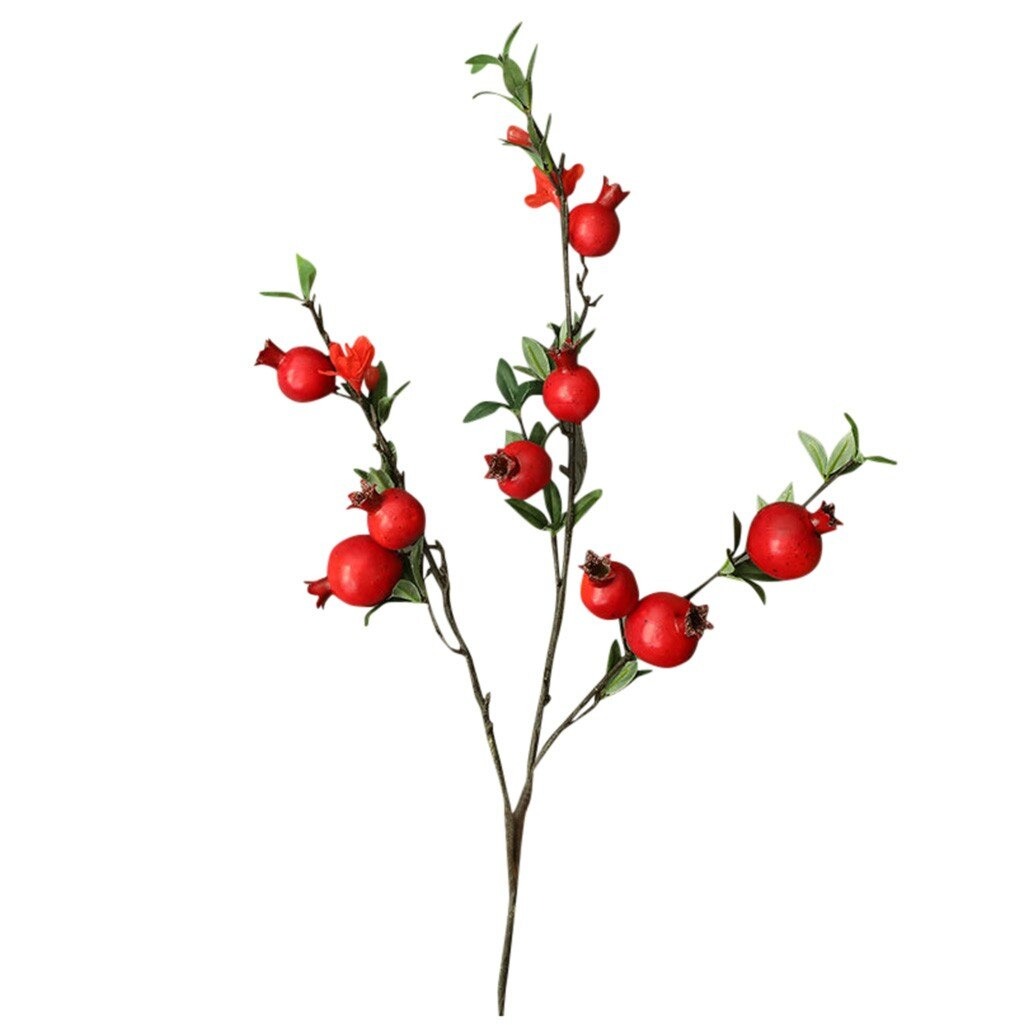 Cành lựu giả - 09 quả 02 hoa - Dài 100 cm - Màu cam, đỏ - Quả to 5 cm, quả nhỏ 4 cm - Cây giả, hoa lụa Decor trang trí nhà cửa