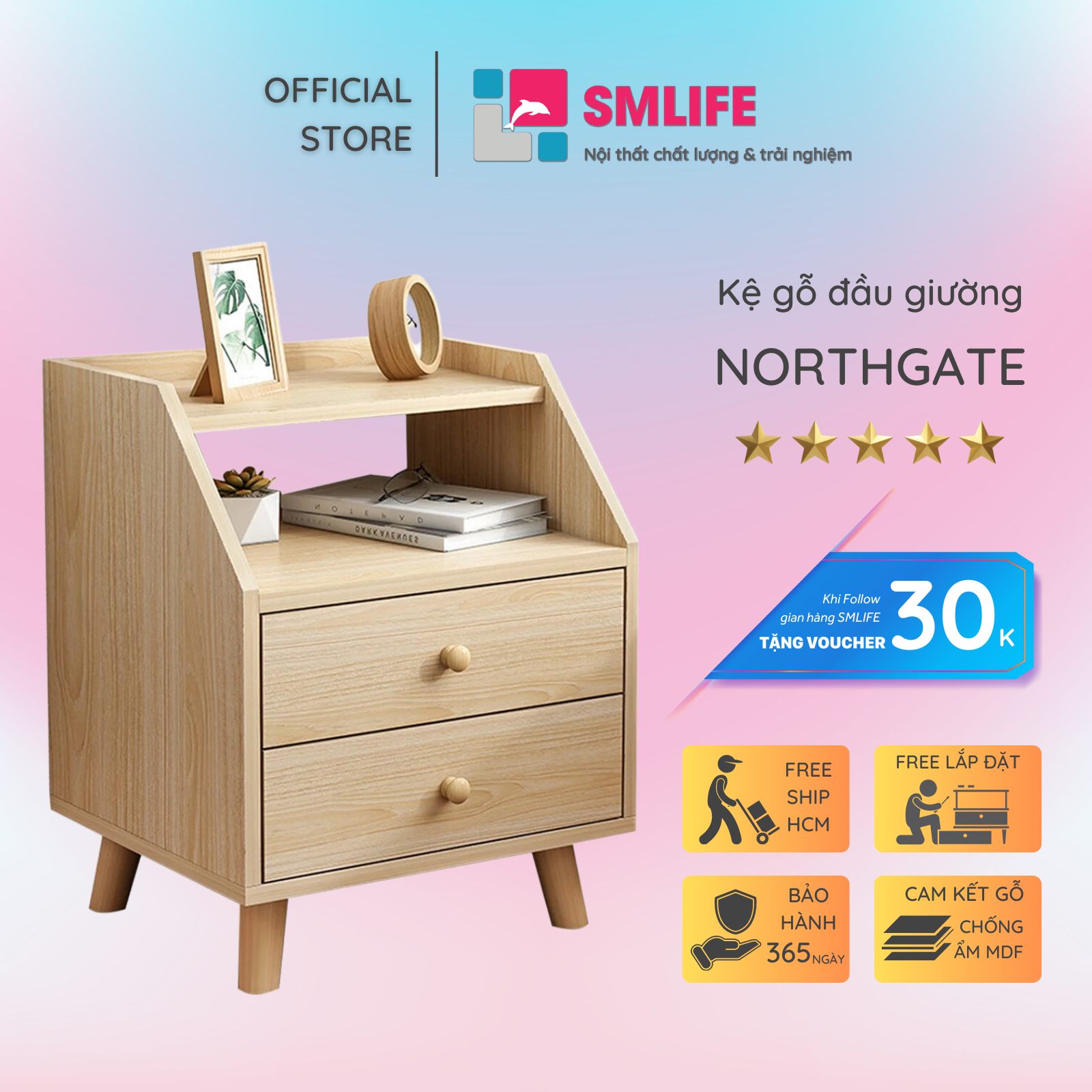 Kệ gỗ đầu giường hiện đại SMLIFE Northgate | Gỗ MDF dày 17mm chống ẩm | D40xR35xC55cm