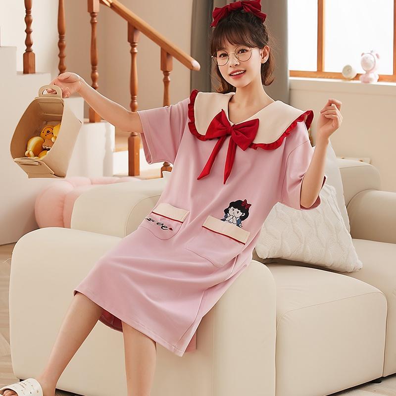 Đầm Ngủ cotton Mỏng Dáng Rộng Cổ Tròn Thắt Nơ Thời Trang Mùa Hè Cho Nữ