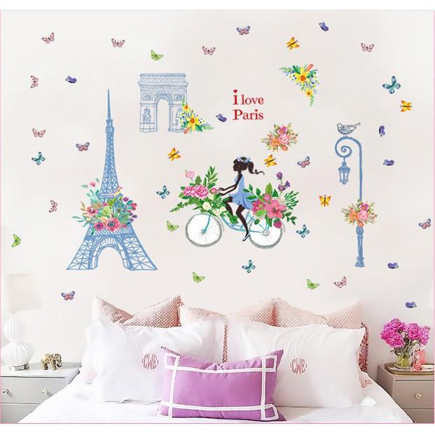 Decal trang trí tường - Tháp Xanh Cô Gái Xe Đạp Hoa