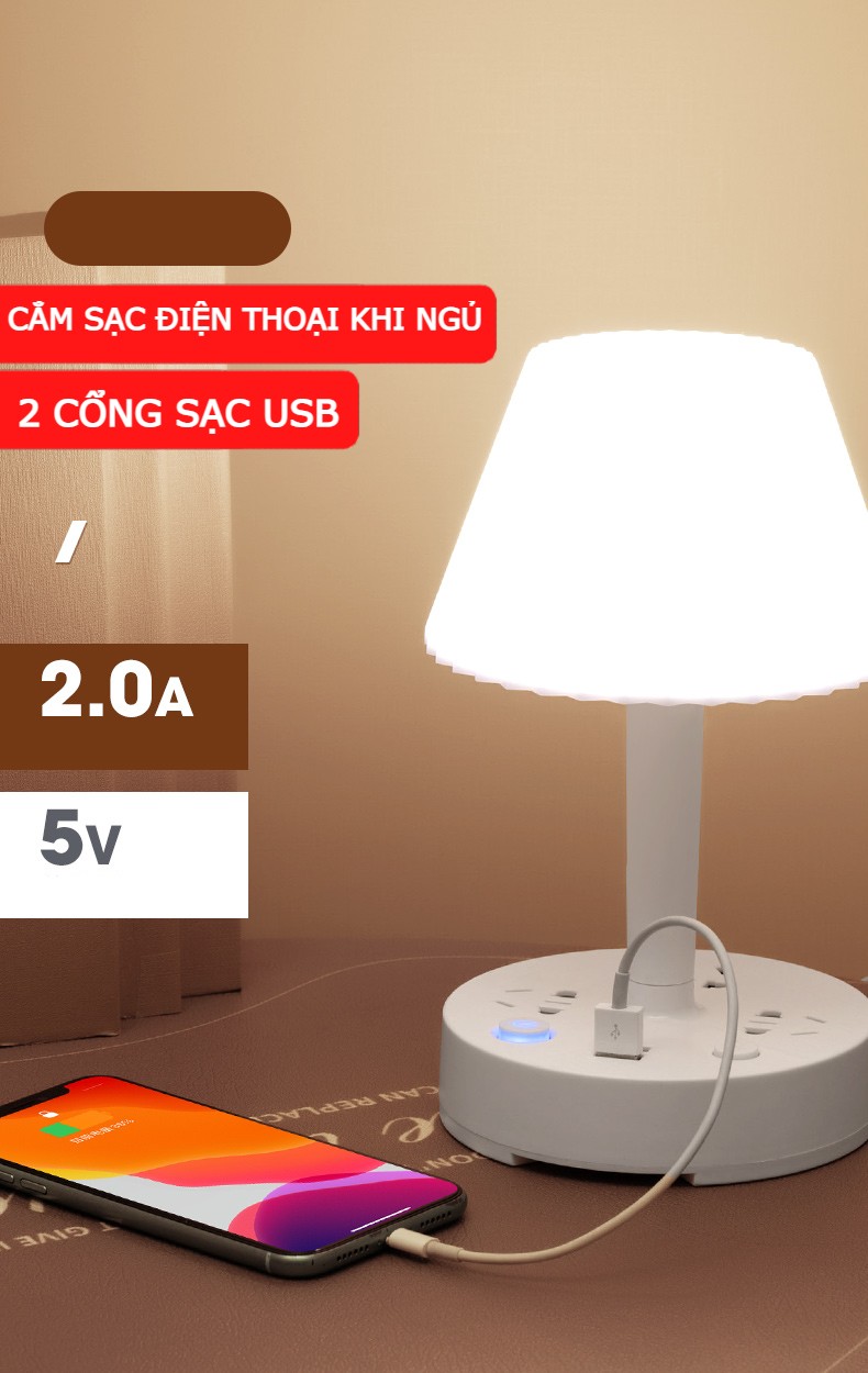 Đèn ngủ để bàn HUGAM cao cấp hình chiếc ô 3 màu đèn có 3 ổ cắm điện công suất 2500w , 2 cổng sạc USB 5V/2A tặng kèm giá đỡ điện thoại