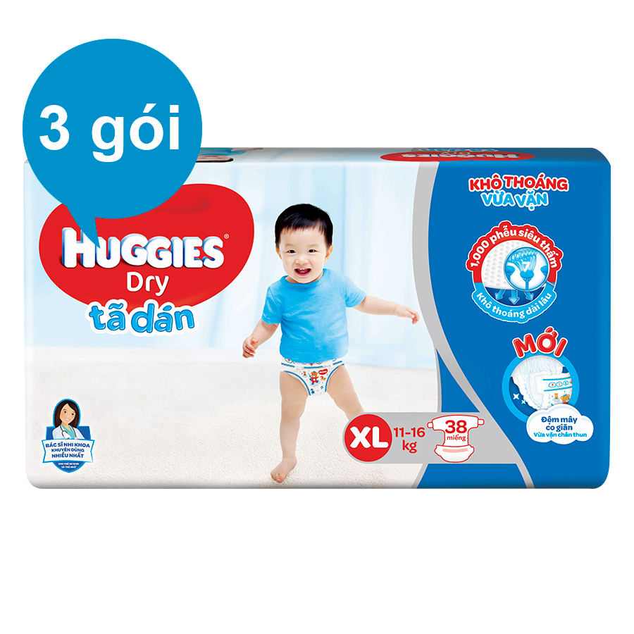 Combo 3 Gói Tã Dán Huggies Dry Gói Đại XL38 (38 Miếng) - Bao Bì Mới