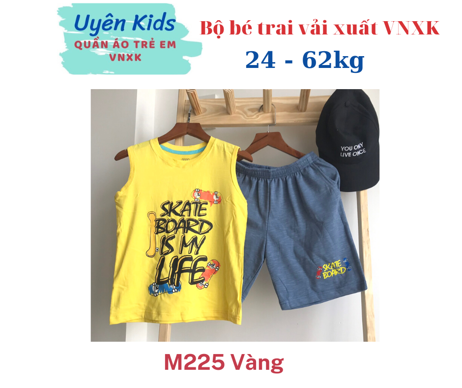 (24-62kg) Bộ đồ vải xuất VNXK loại 1 mẫu sát nách in hoạt hình size đại cồ cho bé trai