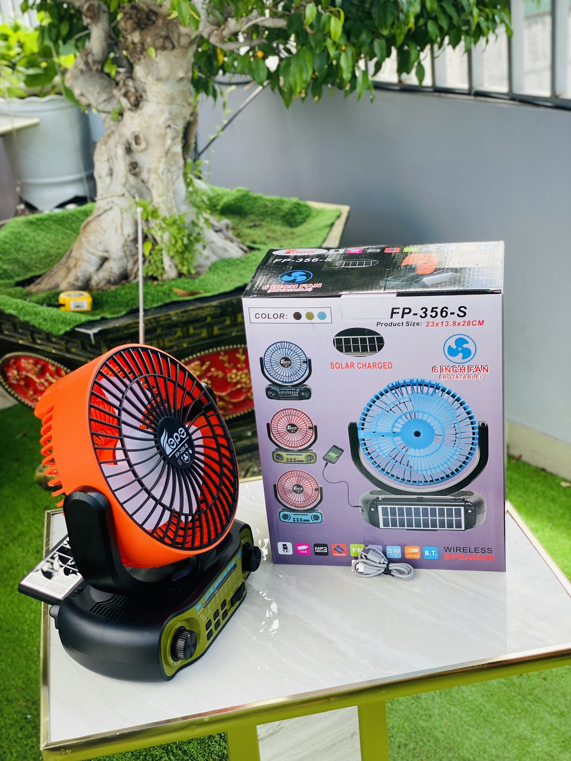 Quạt Đa Năng FP356S tích hợp 3 trong 1 quạt làm mát đài radio nghe nhạc có năng lượng mặt trời cao cấp dùng pin sạc hàng nhập khẩu