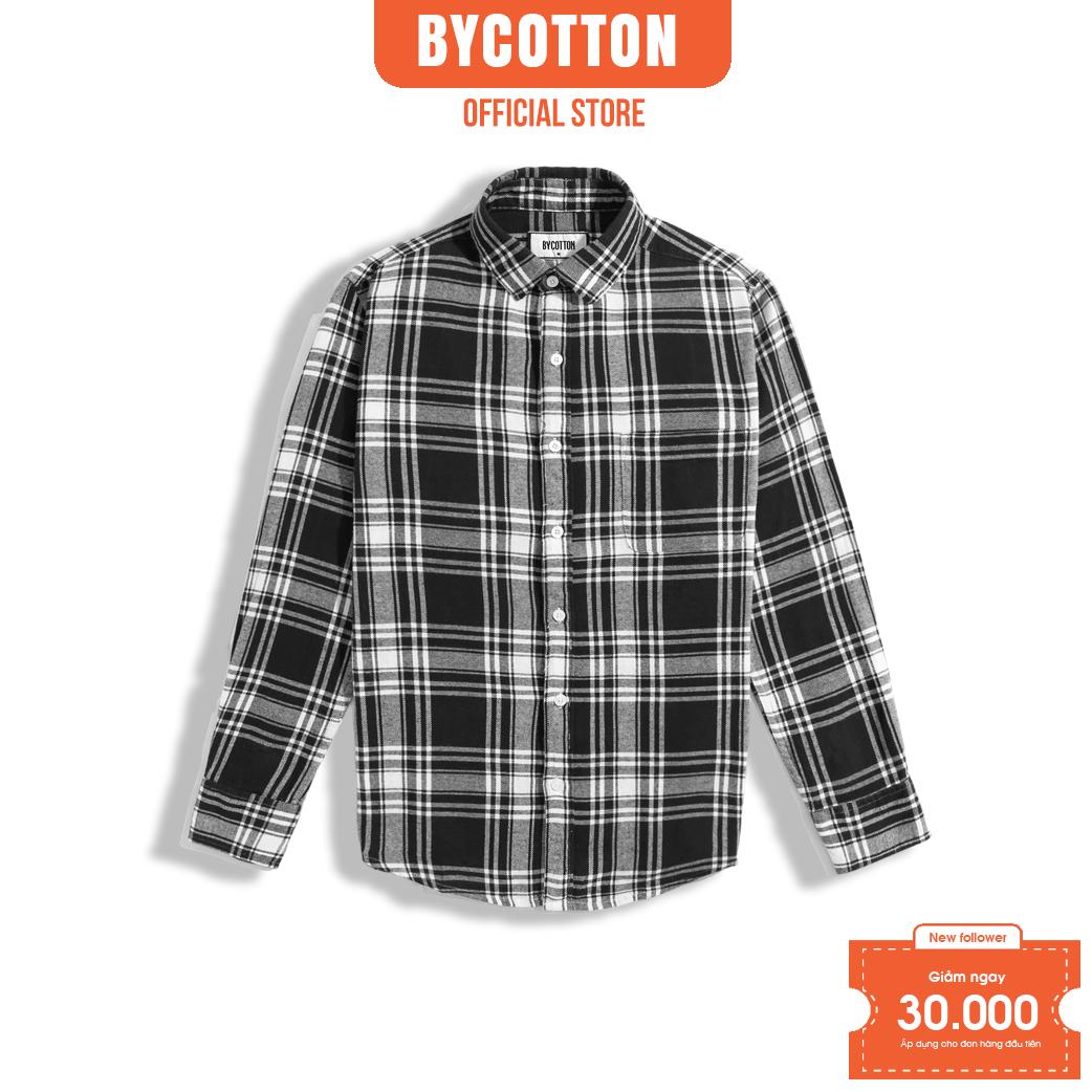 Áo Sơ Mi Nam Dài Tay Phối Sọc BY COTTON Caro Lớn Trắng Đen