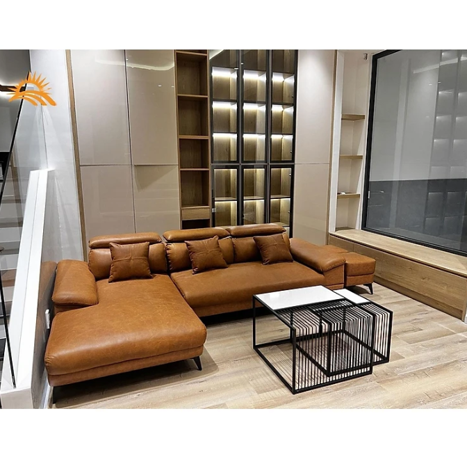 Sofa góc L da bò Italy Tundo màu nâu SFLCT17 2m8 x 1m6 hàng cao cấp chuẩn da bò nhập khẩu Ý