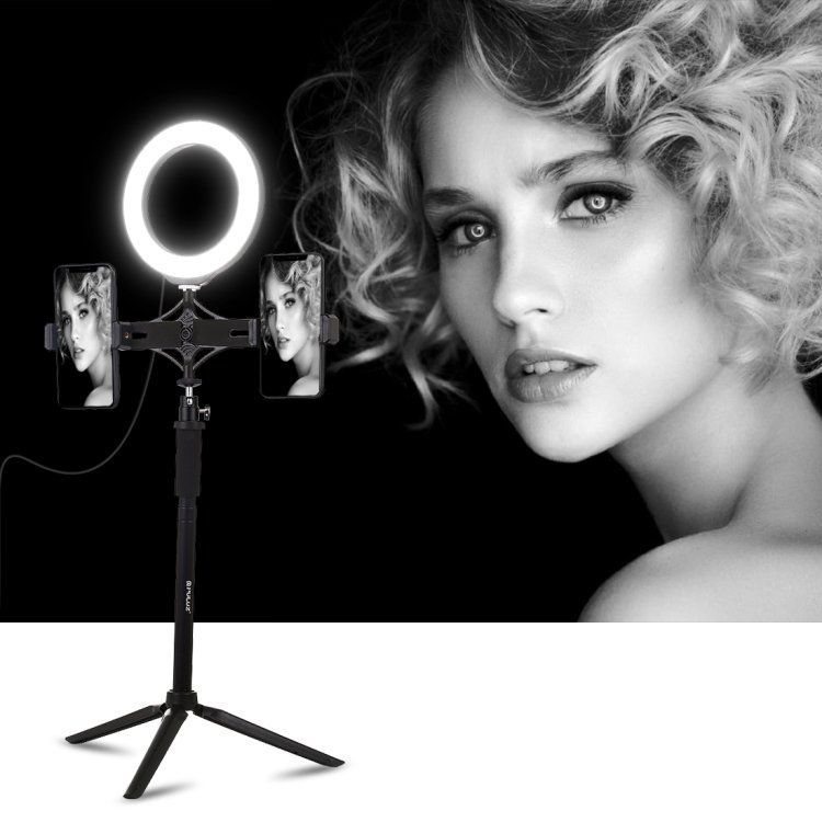 Bộ đèn LED trợ sáng tích hợp tripod mở rộng cho 2 điện thoại Puluz PKT3038