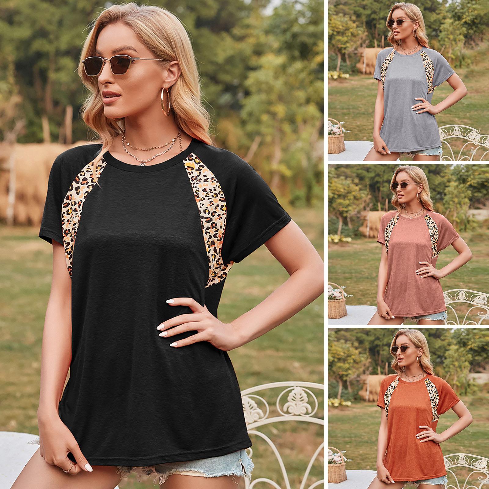 Women T-shirt O-Neck Short Sleeve Leopard Splicing Loose Fit Casual Tops