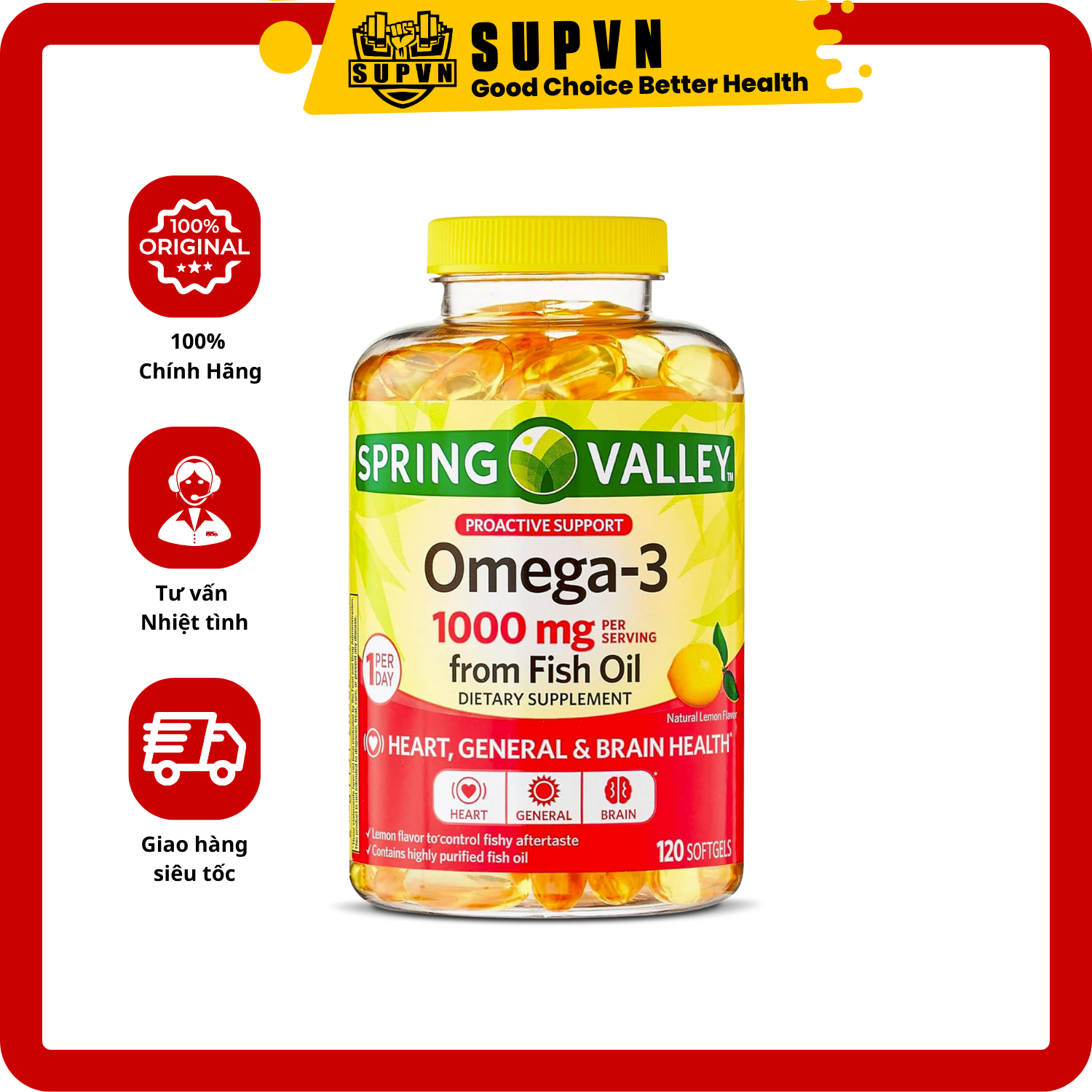 Spring Valley Omega-3 Fish Oil 1000mg - Tăng Cường Sức Khỏe Mắt, Cải Thiện Hiệu Suất Tập Luyện, Giảm Mệt Mỏi Đau Nhức Sau Tập