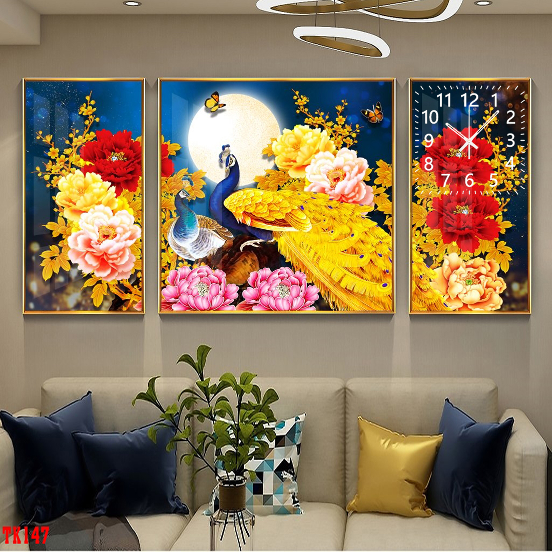 Tranh Chim Công Tráng Gương Tuyệt Đẹp Gắn Đồng Hồ Kim Trôi