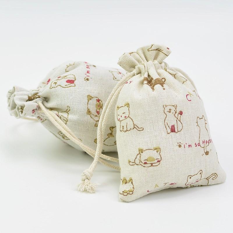 Túi vải bố linen mềm size nhỏ 10x14cm họa tiết mèo con dễ thương đựng phụ kiện trang sức