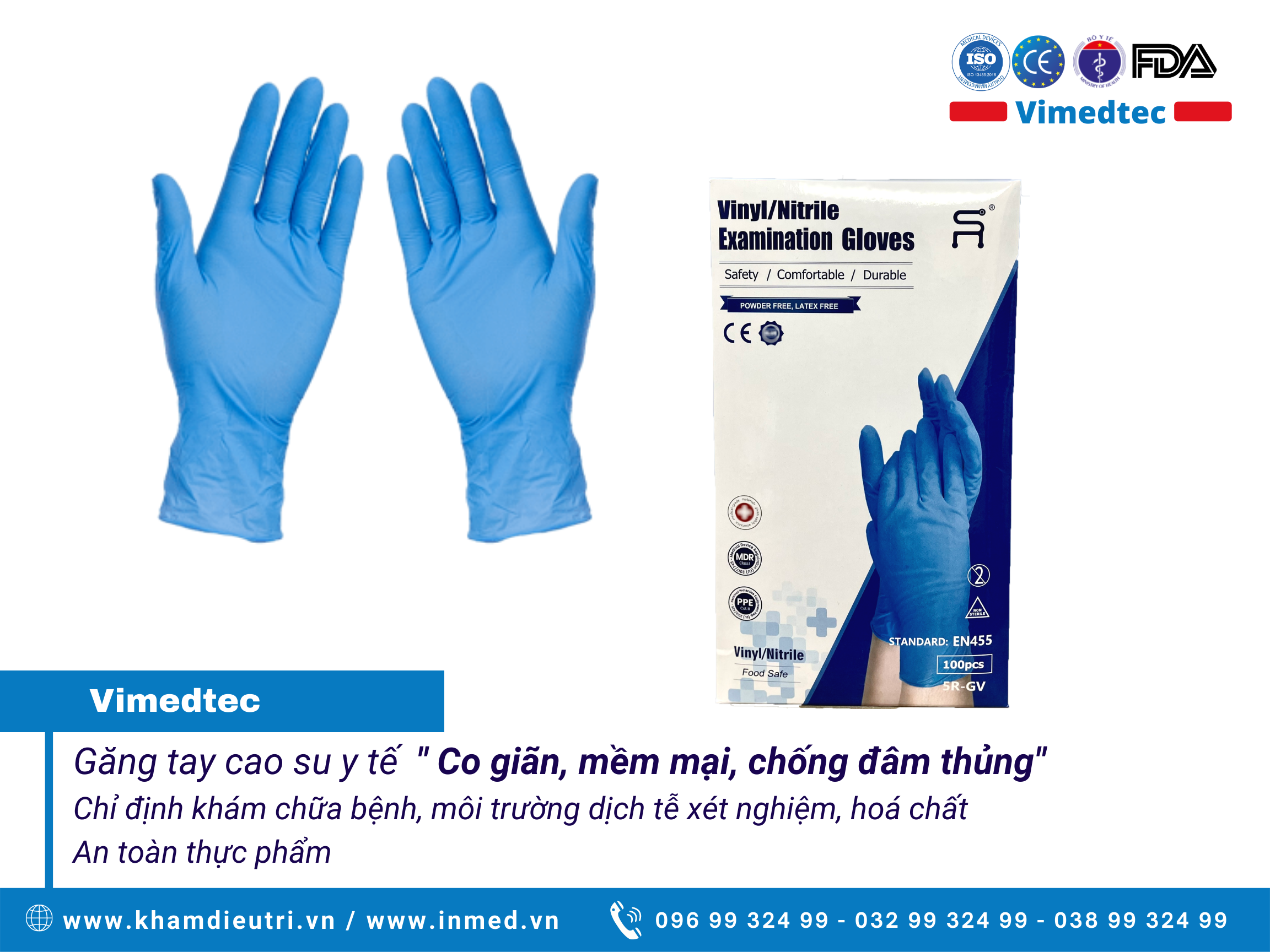 Size M Vimedtec Găng Tay Y Tế Cao Su Không Bột, Chỉ Định Dùng Khám Chữa Bệnh, Môi Trường Y Tế Xét Nghiệm Dịch Bệnh Hoá Chất, Chế Biến An Toàn Thực Phẩm. Không Gây Dị Ứng. Cổ Tay Se Viền Chống Tuột. Hộp 100 Chiếc, 50 Đôi. Nhập Khẩu