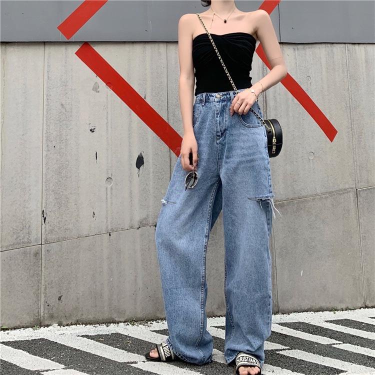 Quần jeans nữ cạp cao dáng dài ống rộng, thiết kế rách đùi bụi bậm, thời trang phong cách Hàn Quốc
