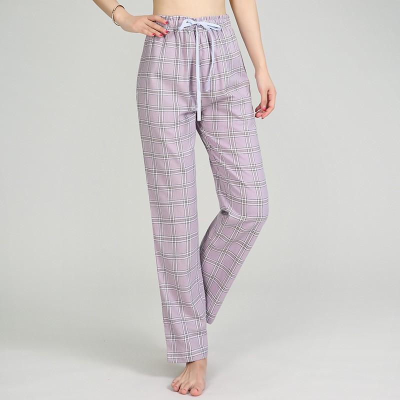 Quần nữ mặc nhà cotton dáng suông tím nhạt kẻ