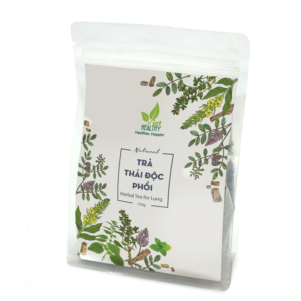 Trà thải độc phổi Viet Healthy 150g, thành phần gồm: Lá thảo bản bông vàng (Mullein leaf), Cam thảo (Licorice), Lá húng tây (Thyme), Lá bạc hà (Peppermint), Kế sữa (Nettles), bảo vệ, thanh lọc, cải thiện chức năng phổi