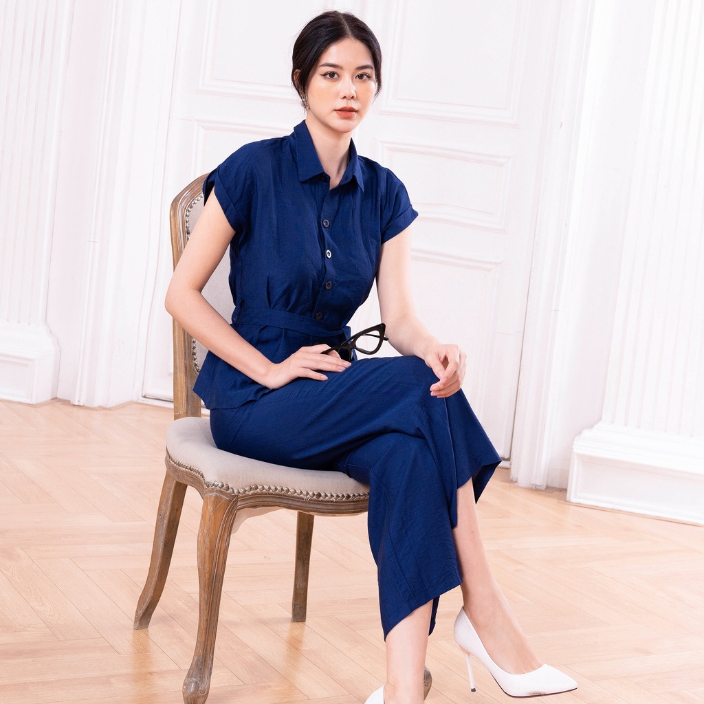 Bộ Đồ Nữ Công Sở UK Fashion Áo Sơ Mi Ngắn Tay Phối Quần Ống Rộng, Chất Liệu Vải Hàn Cao Cấp NKBD2204008