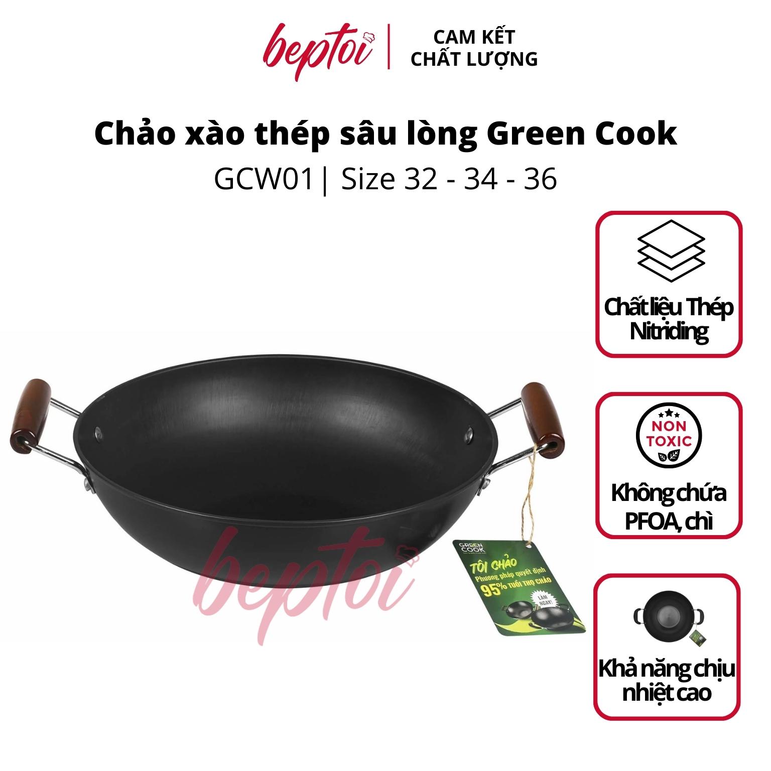 Chảo xào thép sâu lòng Nitriding Green Cook GCW01 dùng được trên tất cả các loại bếp