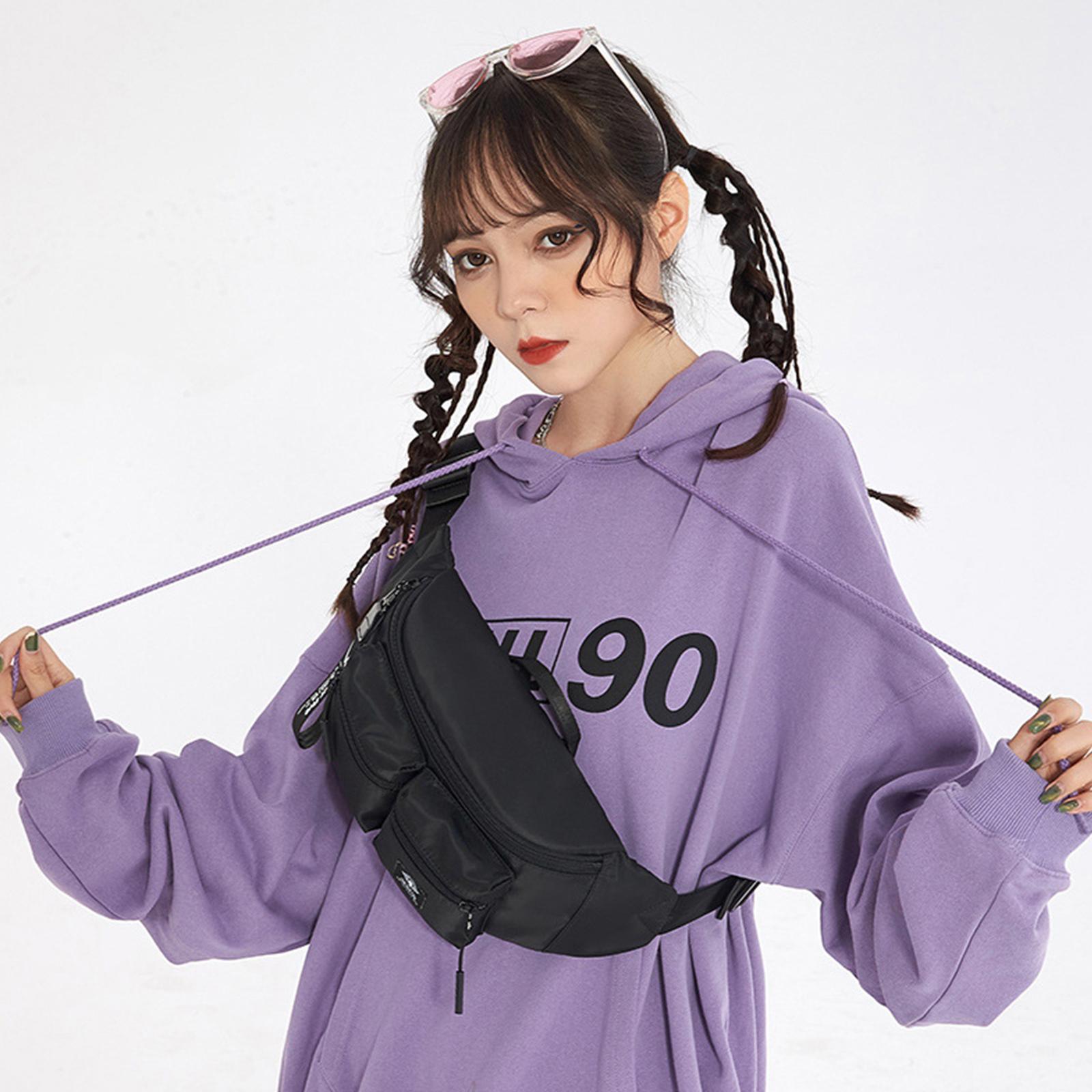 Women Men Black Waist Bag with Pocket Zip Adjustable Strap Multipurpose Belt Bag Shoulder Bag