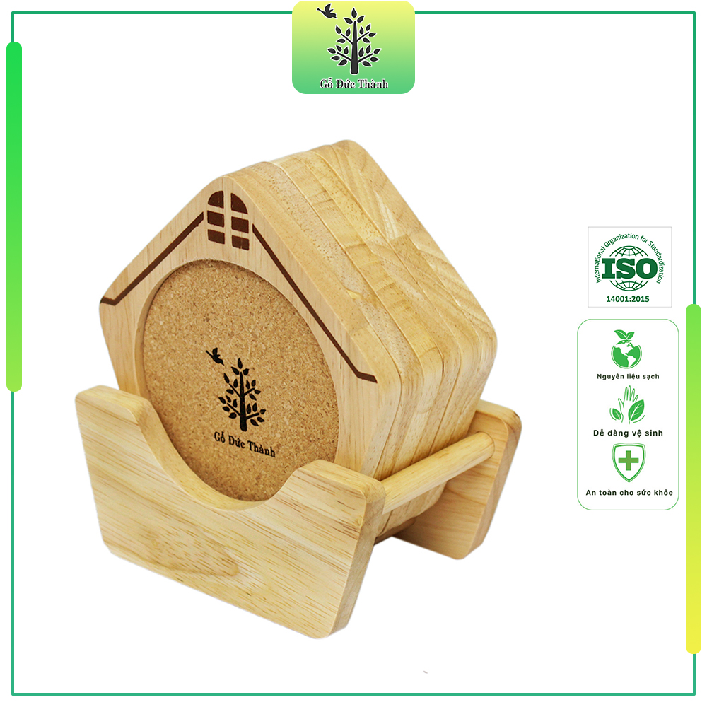 Bộ 6 cái lót ly hình ngôi nhà - Tặng kèm khay đựng siêu tiện dụng | Gỗ Đức Thành 28191 | Gia đình, quán Cafe