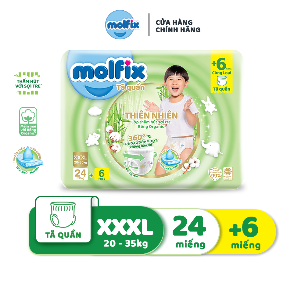 Tã/bỉm quần Molfix Thiên nhiên Jumbo XXXL - Gói 24+6 miếng