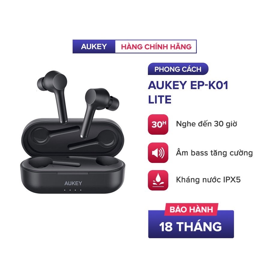 Tai Nghe True Wireless AUKEY EP-K01 Lite Bass Tăng Cường, BT 5.0, Nghe Nhạc Đến 30H, IPX5-Hàng Chính Hãng - BH 18 Tháng