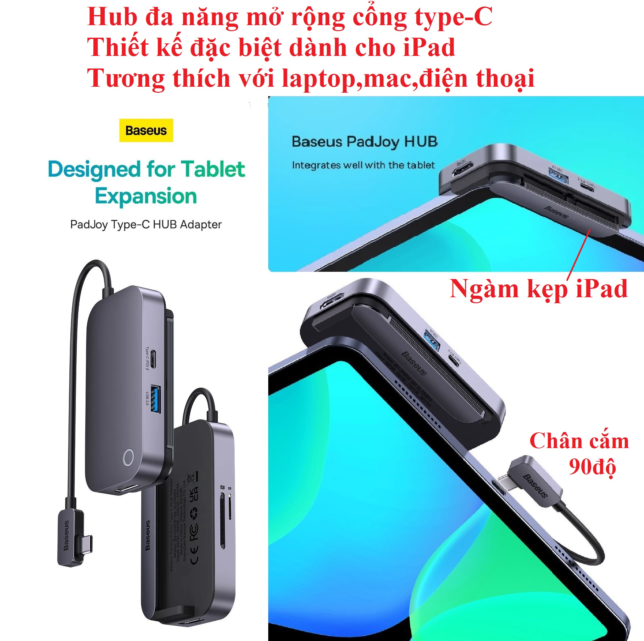 Hub mở rộng cổng type C cho iPad Mac laptop Baseus PadJoy BS-OH058 /  BS-OH059 _  hàng chính hãng