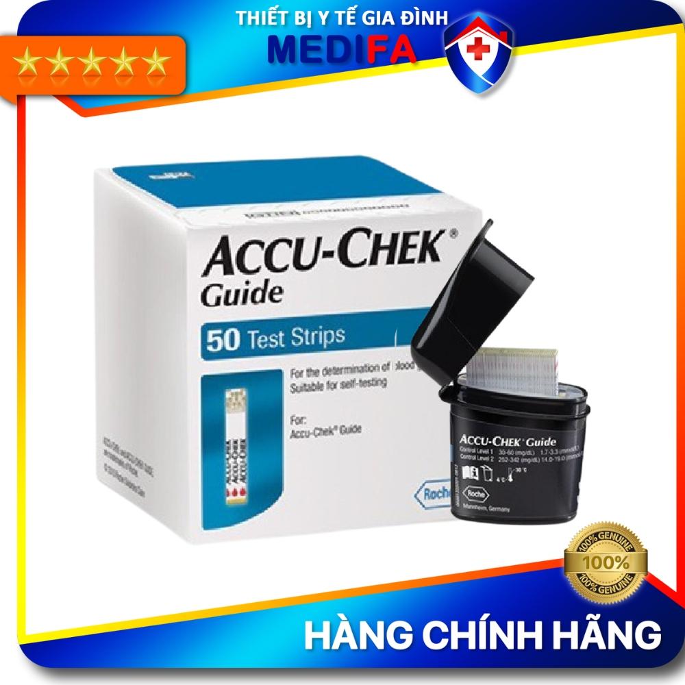 Hộp 25/50 Que Thử Đường Huyết Accu-Chek Guide Có Nắp Nhựa Bảo Hiểm Hút Ẩm Cho Que, Đầu Thấm Máu Lớn, Chính Hãng Roche