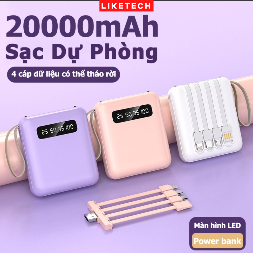 Pin sạc dự phòng 20000mAh Hỗ trợ sạc nhanh 2.1A, Tích hợp sẵn 4 đầu sạc chuyên dụng tiện lợi, kèm đèn pin ban đêm