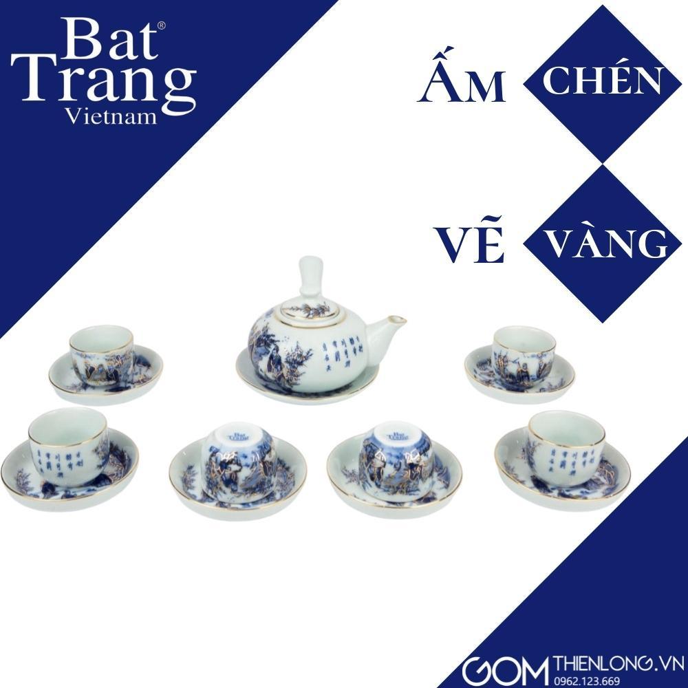 Ấm Chén Vẽ Vàng Trúc Lâm Thất Hiền - Bộ Ấm Chén Bát Tràng Cao Cấp - Gốm Thiên Long