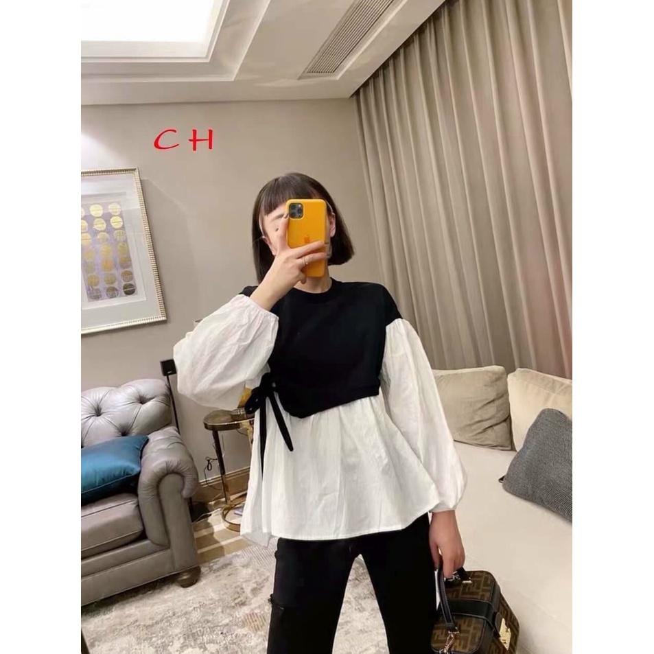 Áo kiểu nữ phối màu đen trắng vatj sơ mi tay bồng phong cách hàn quốc