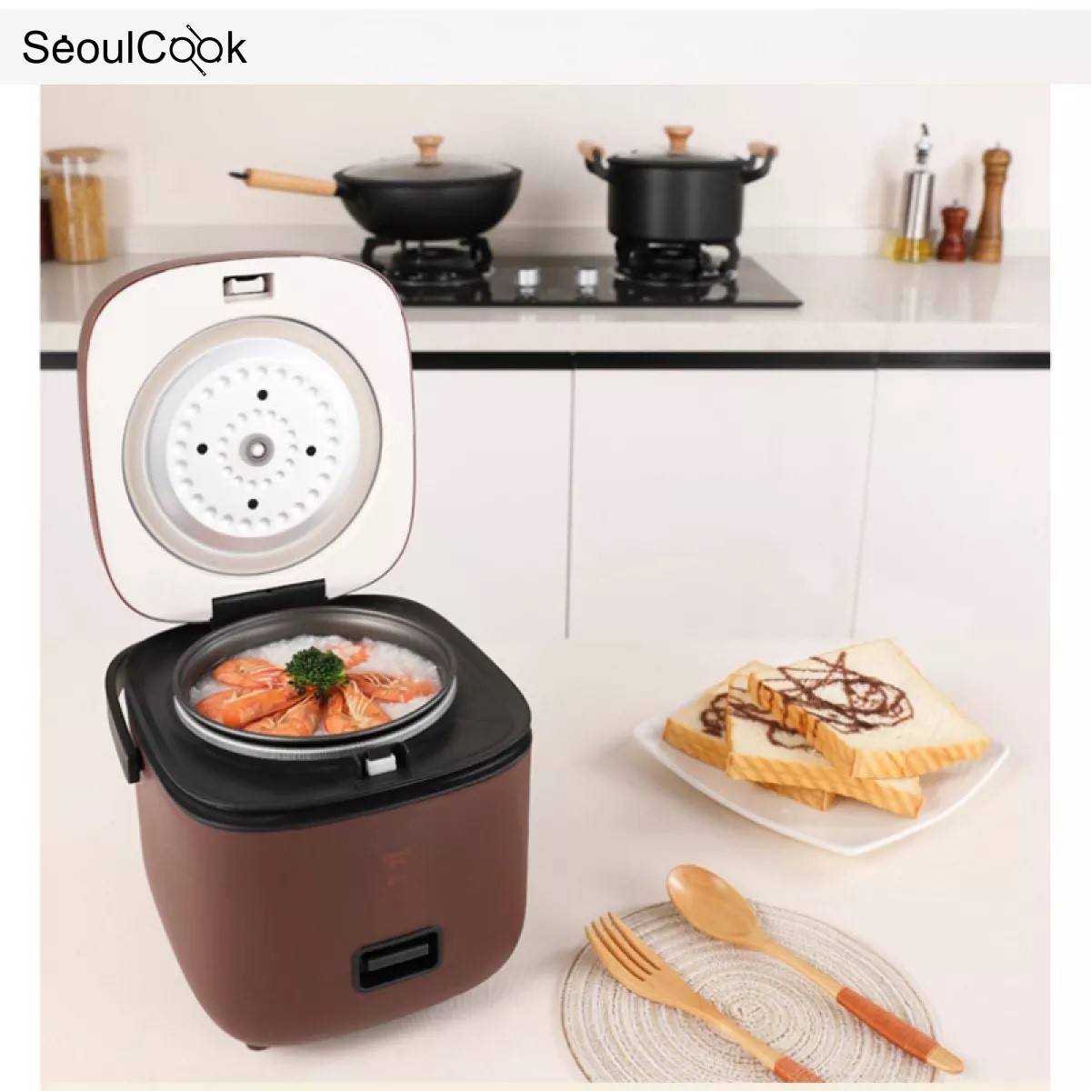 Nồi cơm mini Rice Cooker Seoulcook đa năng 1,2l hàng nội địa tặng khay hấp + vá cơm + cốc đong