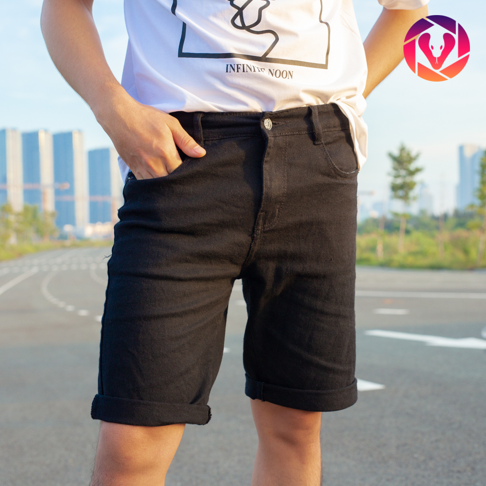 Quần short jean co giãn cho nam, màu trắng và đen, phong cách Hàn Quốc trẻ trung, năng động