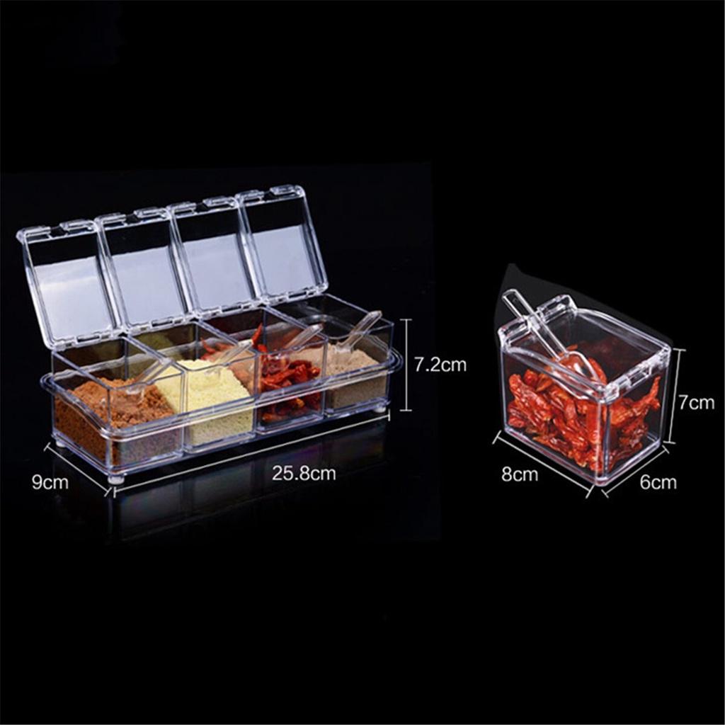 Giá đựng gia vị trong suốt - 4 Hộp đựng gia vị acrylic - Lọ đựng gia vị lưu trữ - kèm nắp và thìa
