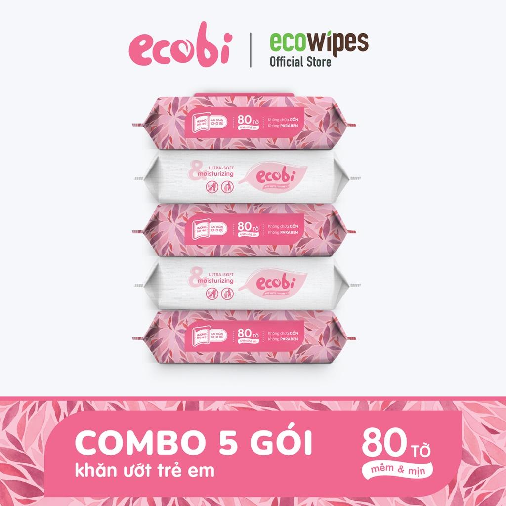 Combo 05 gói khăn giấy ướt cho bé Ecobi gói 80 tờ Hương Dịu Nhẹ không cồn không paraben an toàn cho da của trẻ