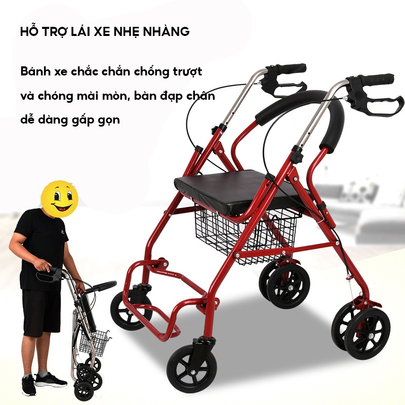 Xe Đẩy Tập Đi Cho Người Già Mẫu 2024, Người Tai Biến Đi Lại Kém Nâng Hạ Tay Lái Có Ghế Ngồi, Phanh, Giỏ Đựng