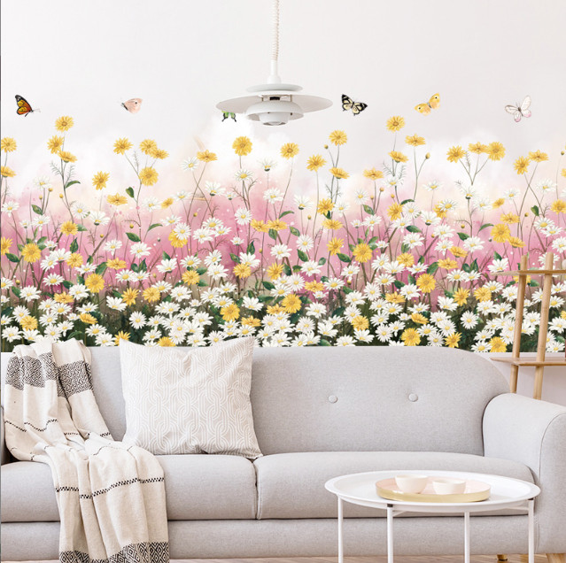 Decal trang trí tường - Chân tường hoa cúc trắng và vàng
