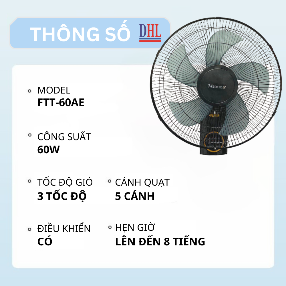 Quạt treo tường điện tử Mitomo FTT-60AE NEW 2024, có điều khiễn từ xa, hẹn giờ hàng chính hãng - Bảo hành 2 năm