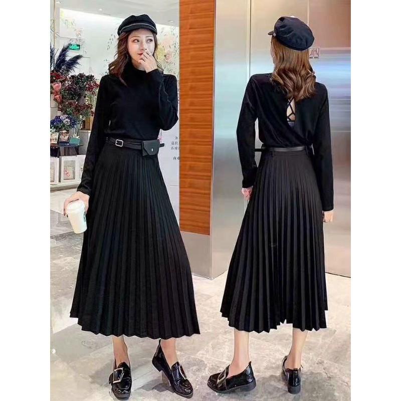 Chân váy xếp ly kèm đai túi da QC