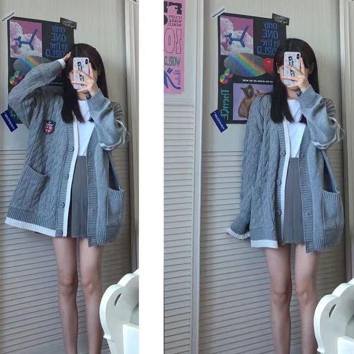 Áo Cardigan Len Trơn Thừng Logo Chất Dày Dáng Dài Xám