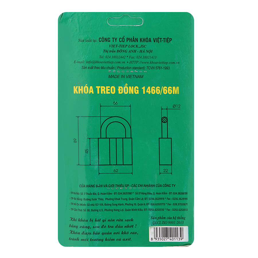 Ổ Khoá Việt Tiệp Loại Lớn 89 x 62 Ống Phi 12mm (Khoá Chìa)