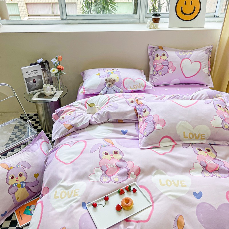 Bộ chăn ga gối poly new : thỏ tim tím 4 món Polycotton